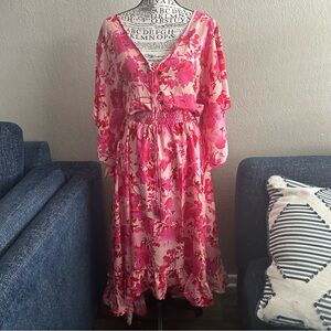Boemo Anthropologie Floral Pink Midi Dress Ruffled Feminine Romantic High Low